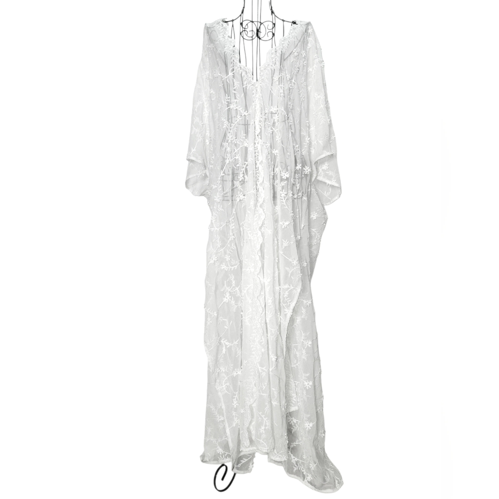 Elegant White Embroidered Floral Kimono Cover-up